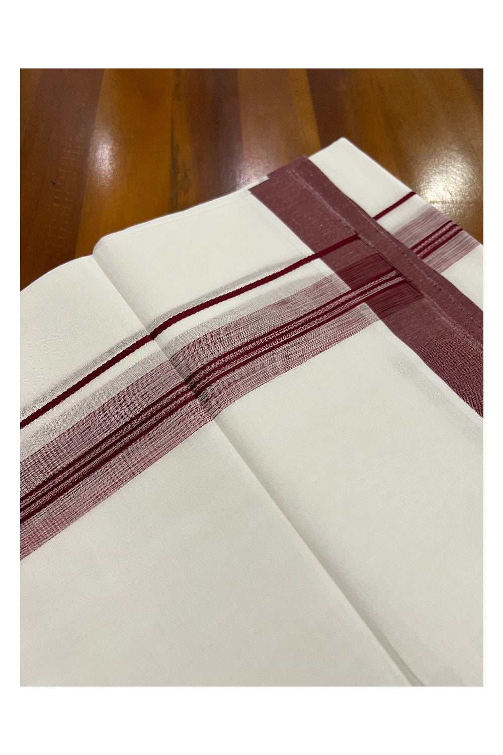 Pure White Kerala Cotton Double Mundu with Maroon Border (South Indian Dhoti)