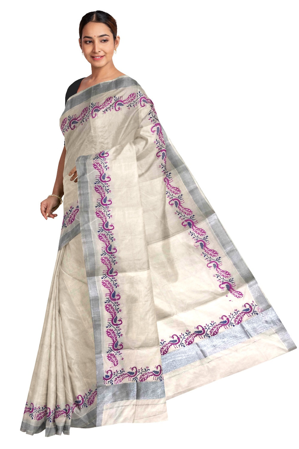 Kerala Pure Cotton Silver Kasavu Saree with Peacock Magenta Block Printed Border