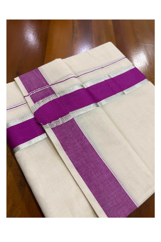 Off White Kerala Double Mundu with Silver Kasavu and Magenta Border (South Indian Kerala Dhoti)