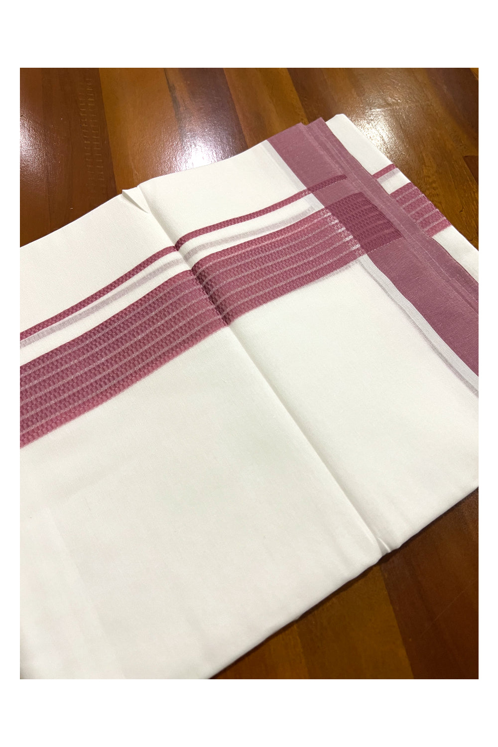 Pure White Cotton Double Mundu with Lines on Mauve Border (South Indian Dhoti)