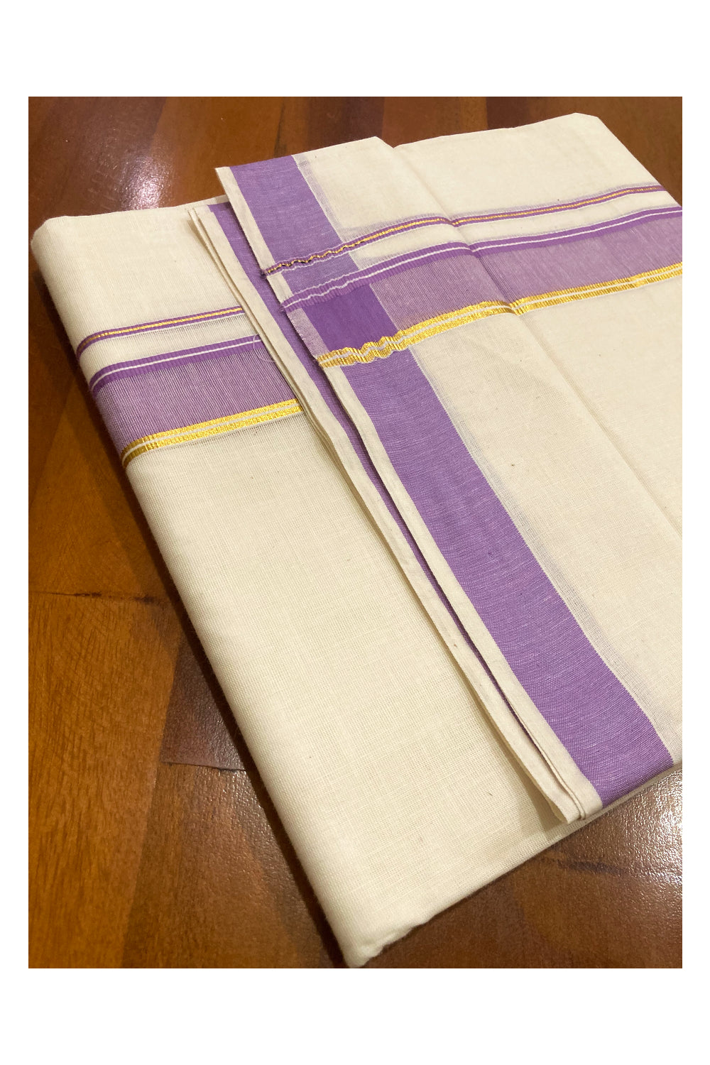 Off White Pure Cotton Double Mundu with Kasavu and Violet Border (South Indian Kerala Dhoti)