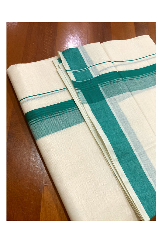 Off White Pure Cotton Double Mundu with Green Border (South Indian Dhoti)