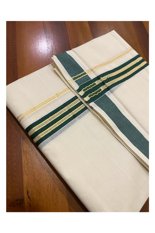 Pure Cotton Off White Double Mundu with Green and Kasavu Kara (South Indian Kerala Dhoti)