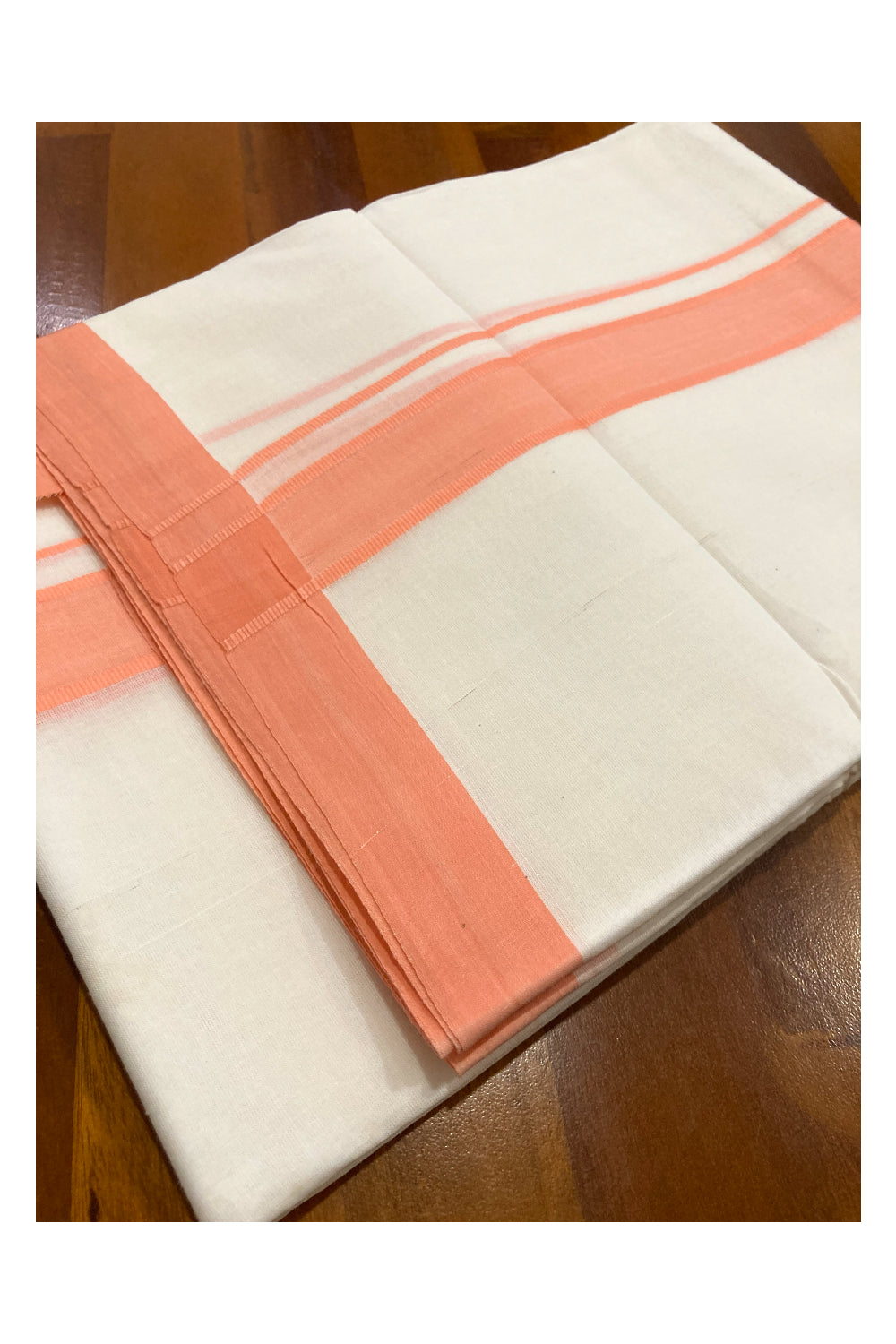 Pure White Cotton Double Mundu with Peach Border (South Indian Dhoti)