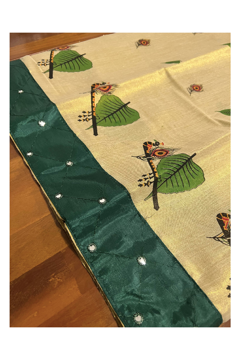 Kerala Tissue Mural Printed Pavada and Green Blouse Material for Kids/Girls 4.3 Meters