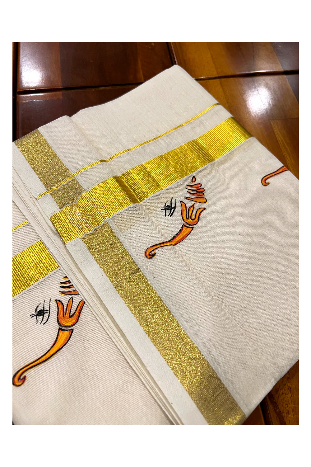 Pure Cotton Kasavu Mundu with Mural Hand Painted Design (South Indian Dhoti)