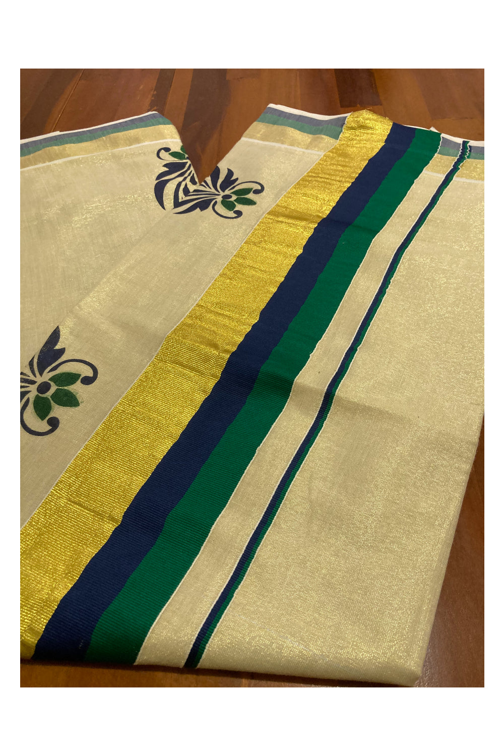 Kerala Tissue Kasavu Saree With Mural Floral Printed Design and Green Blue Border