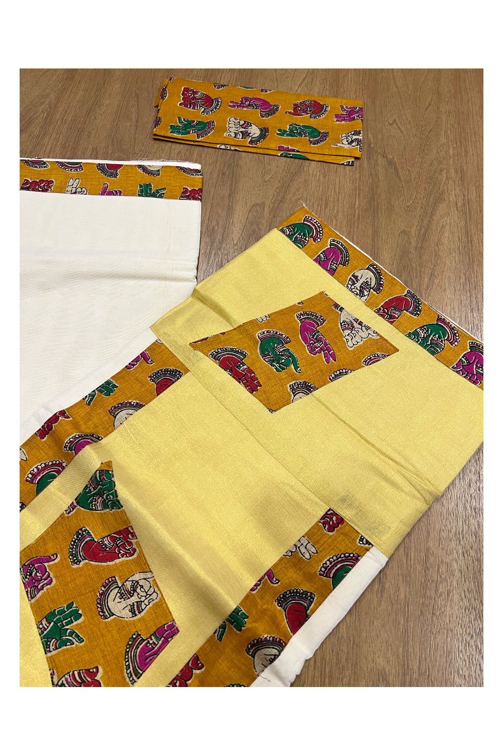 Kerala Pure Cotton Fusion Art Brown Hand Figures Printed Kasavu Saree with Printed Blouse Piece