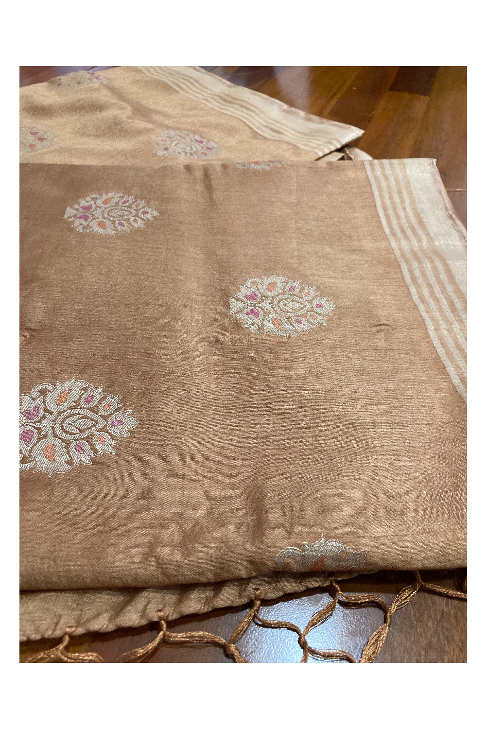 Southloom Tussar Golden Brown Floral Woven Designer Saree with Tassels Work