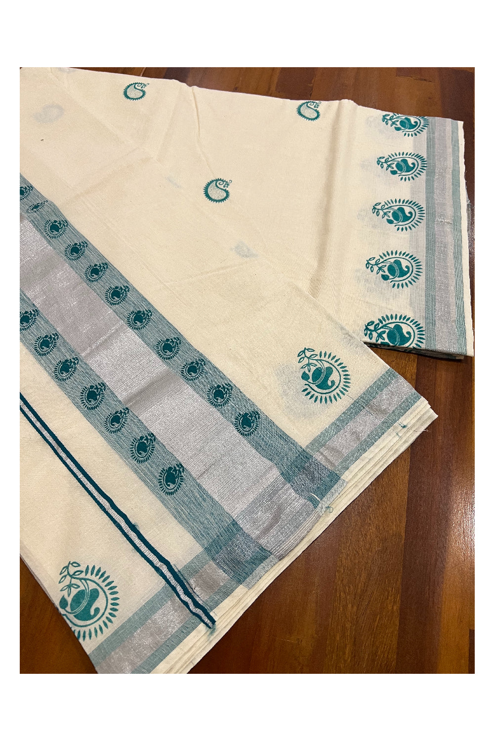 Pure Cotton Kerala Saree with Green Paisley Block Prints on SIlver Kasavu Border