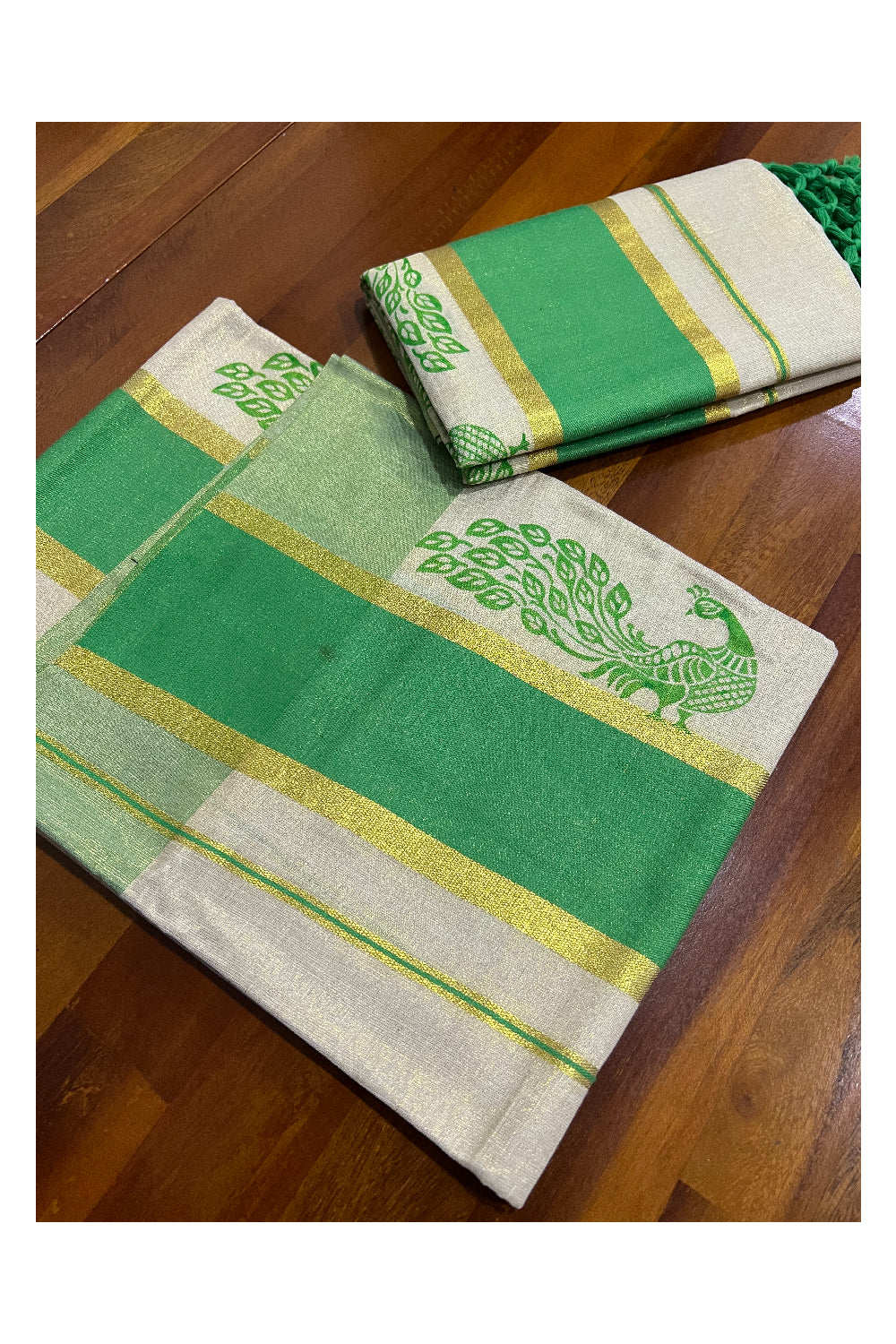 Kerala Tissue Kasavu Set Mundu (Mundum Neriyathum) with Light Green Peacock Block Prints and Tassels Border
