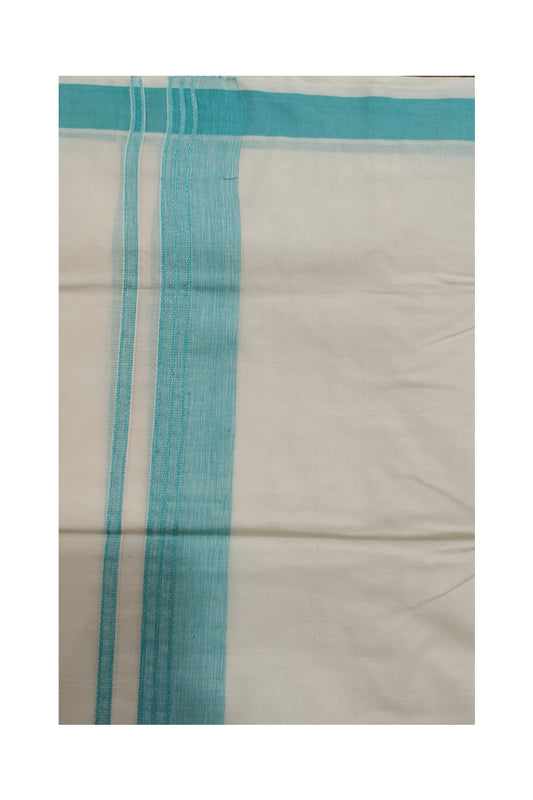 Off White Pure Cotton Mundu with Turquoise Border (South Indian Dhoti)