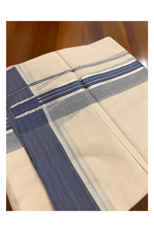 Off White Kerala Double Mundu with Silver Kasavu and Greyish Blue Border (South Indian Dhoti)