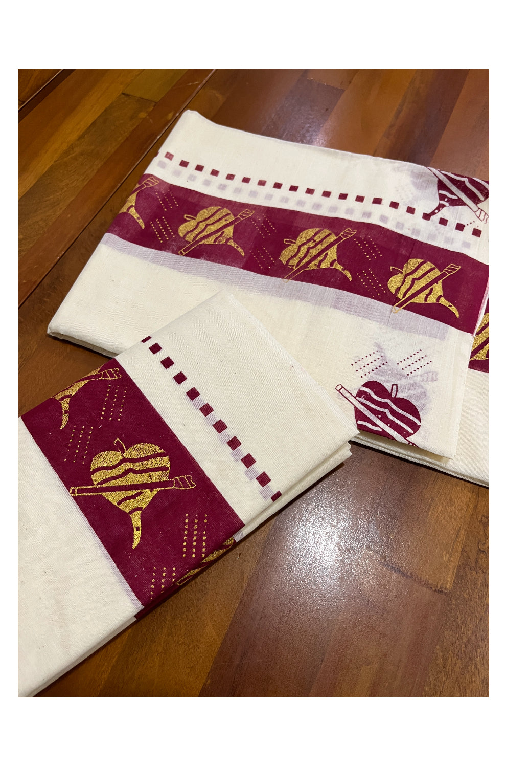 Kerala Cotton Set Mundu (Mundum Neriyathum) with Golden Leaf and Flute Block Prints on Maroon Border 2.80 Mtrs