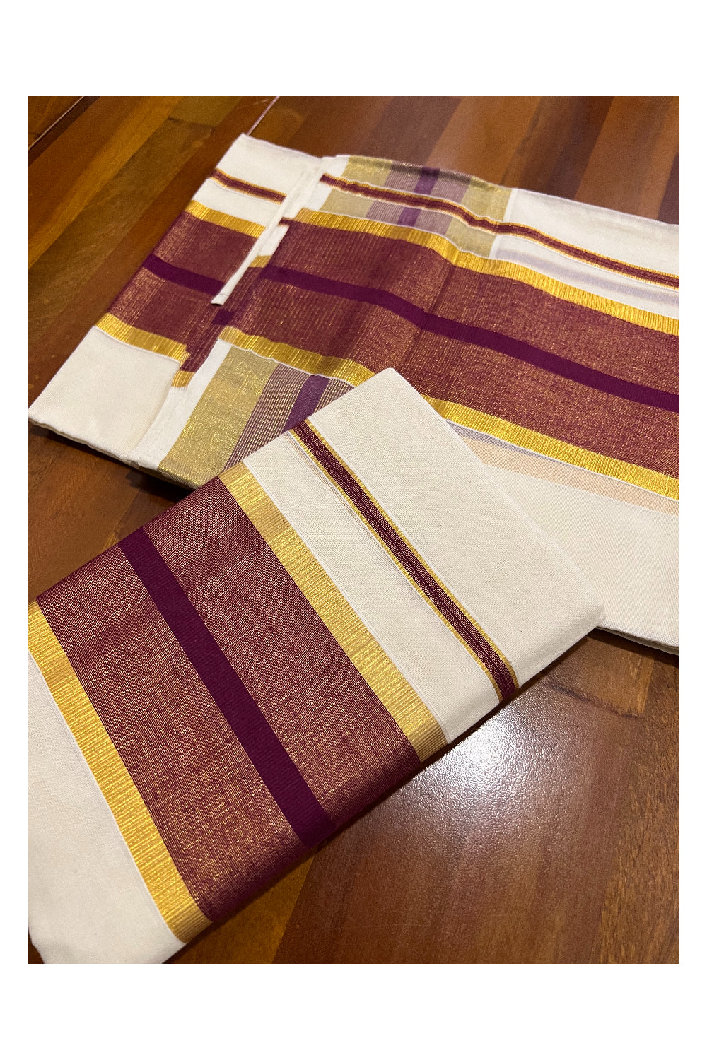 Pure Cotton Kerala Single Set Mundu (Mundum Neriyathum) with Purple and Kasavu Border 2.80 Mtrs