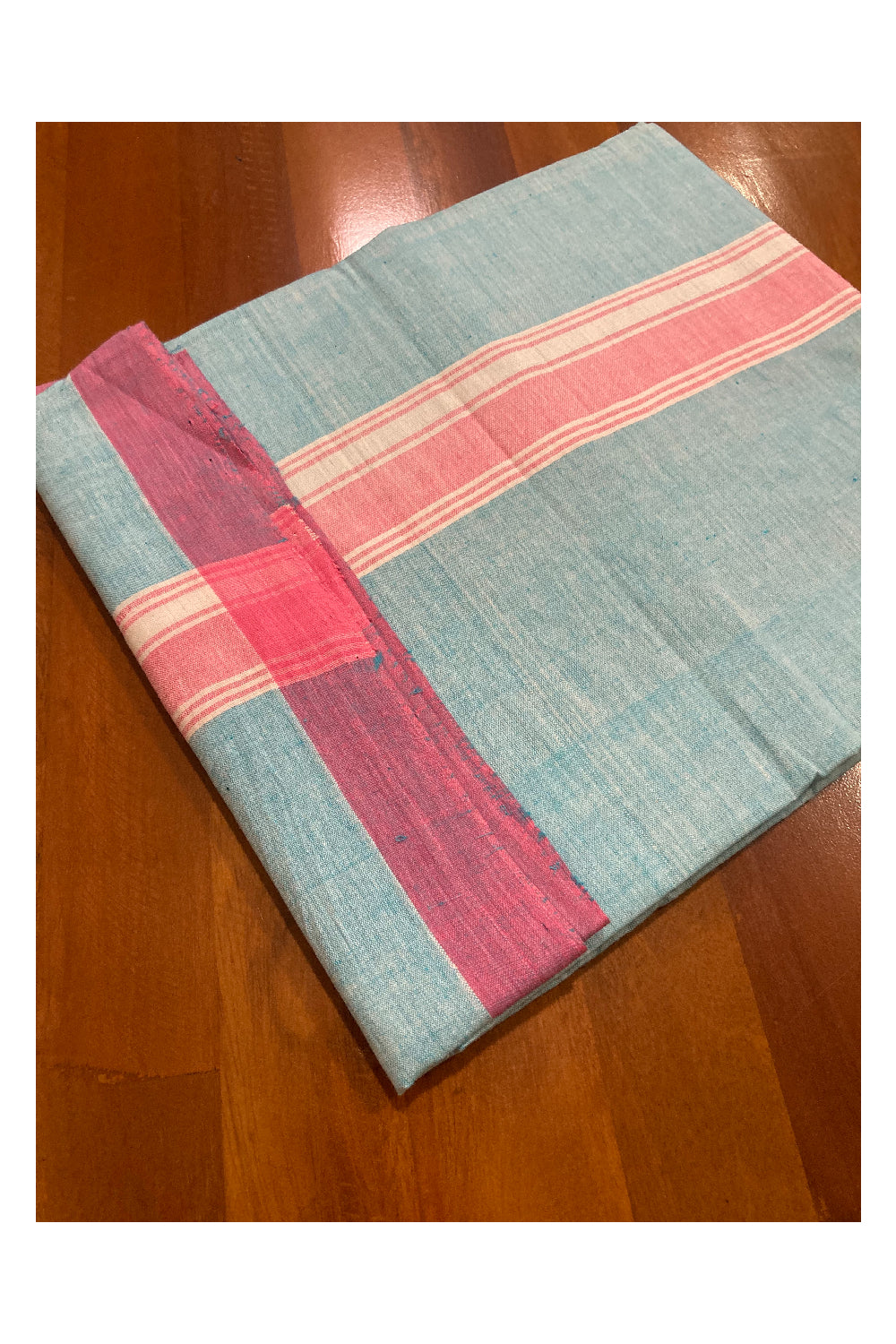 Southloom Premium Handloom Light Blue Solid Single Mundu (Lungi) with Pink Border