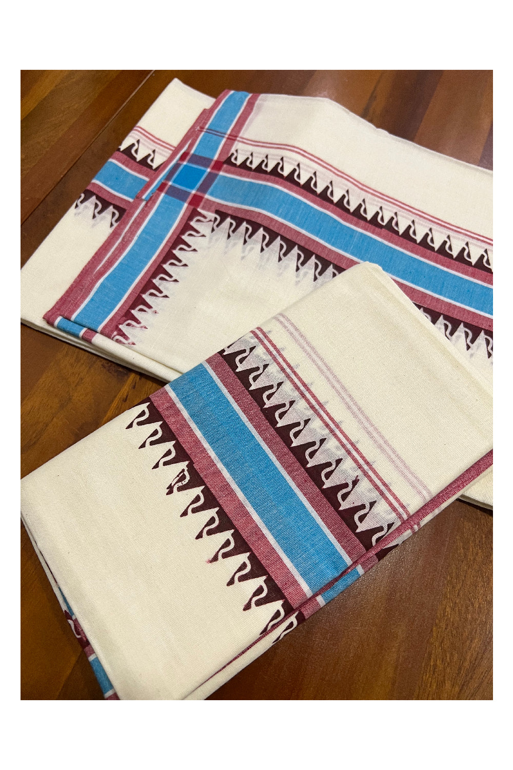 Kerala Cotton Mulloth Mundum Neriyathum Single (Set Mundu) with Dark Maroon Temple Block Prints and Blue Border (Extra Soft Cotton)