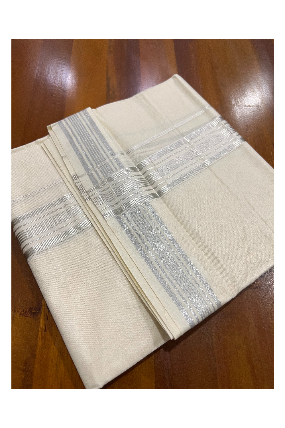 Pure Cotton Off White Double Mundu with Silver Kasavu Line Border (South Indian Dhoti)