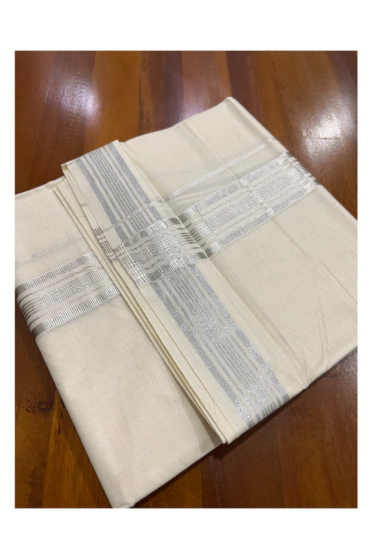 Pure Cotton Off White Double Mundu with Silver Kasavu Line Border (South Indian Dhoti)