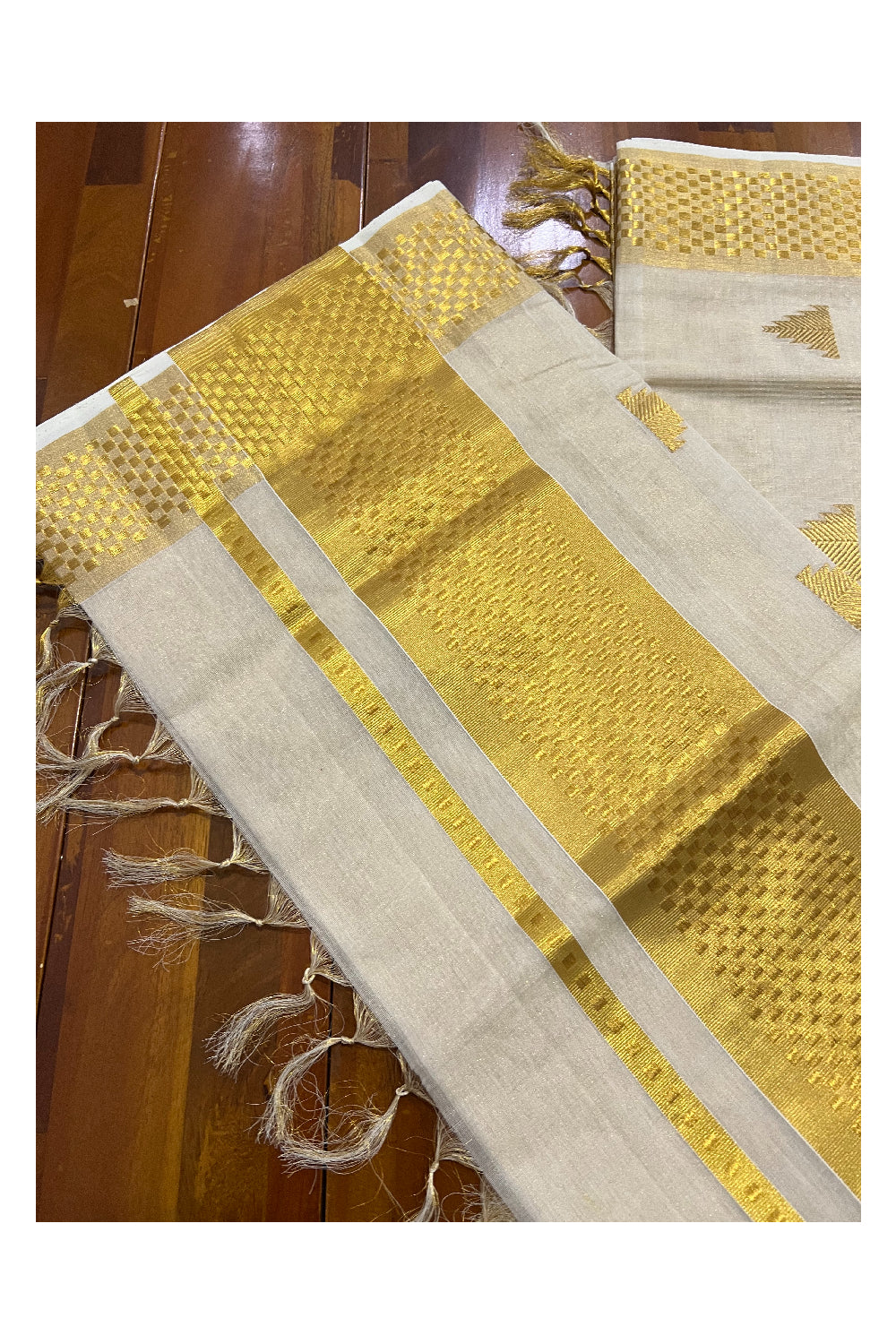 Southloom Premium Handloom Tissue Kasavu Saree with Paa Neythu Woven Border and Temple Works on Body