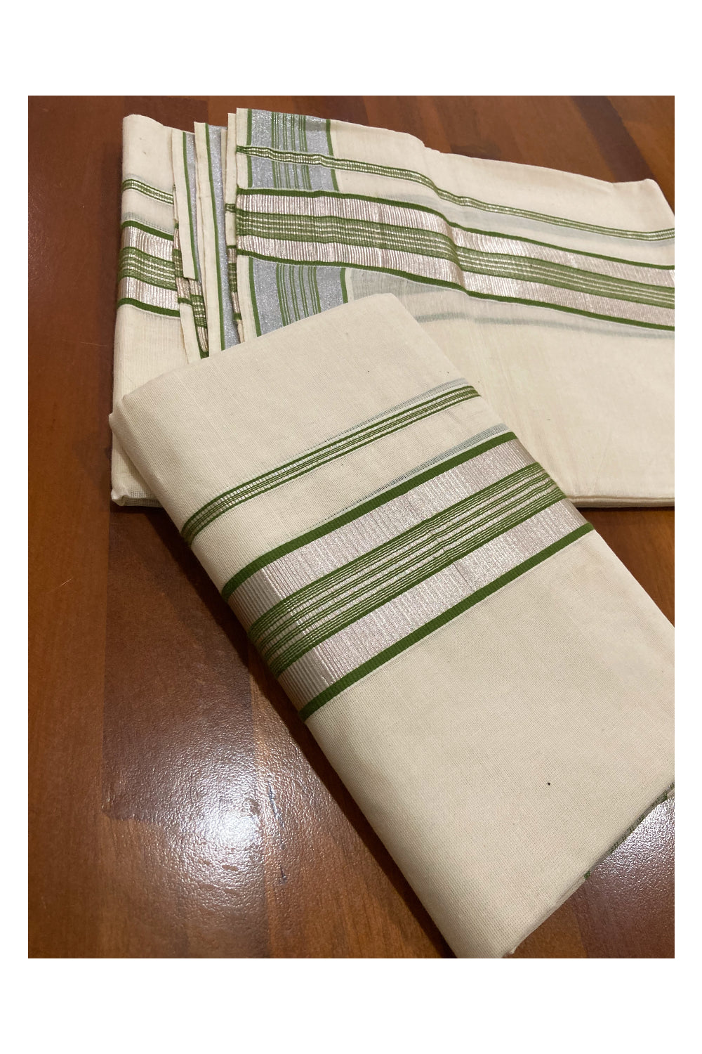 Kerala Cotton Mundum Neriyathum Single (Set Mundu) with Green and Silver Kasavu Border 2.80 Mtrs