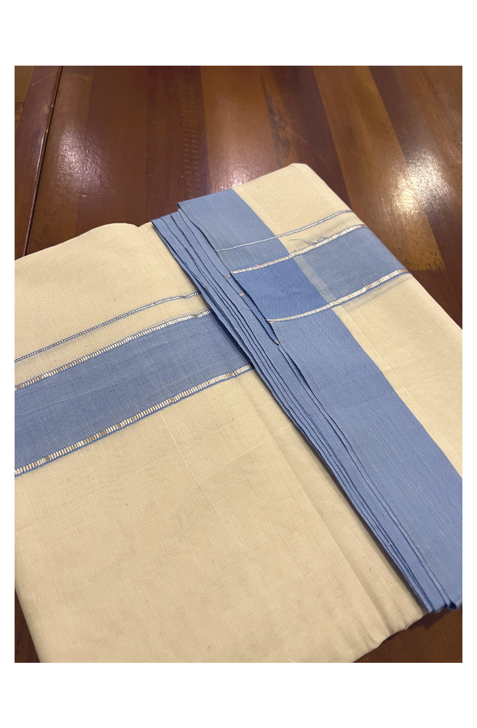 Pure Cotton Off White 100x100 Double Mundu with Silver Kasavu and Blue Border (South Indian Kerala Dhoti)