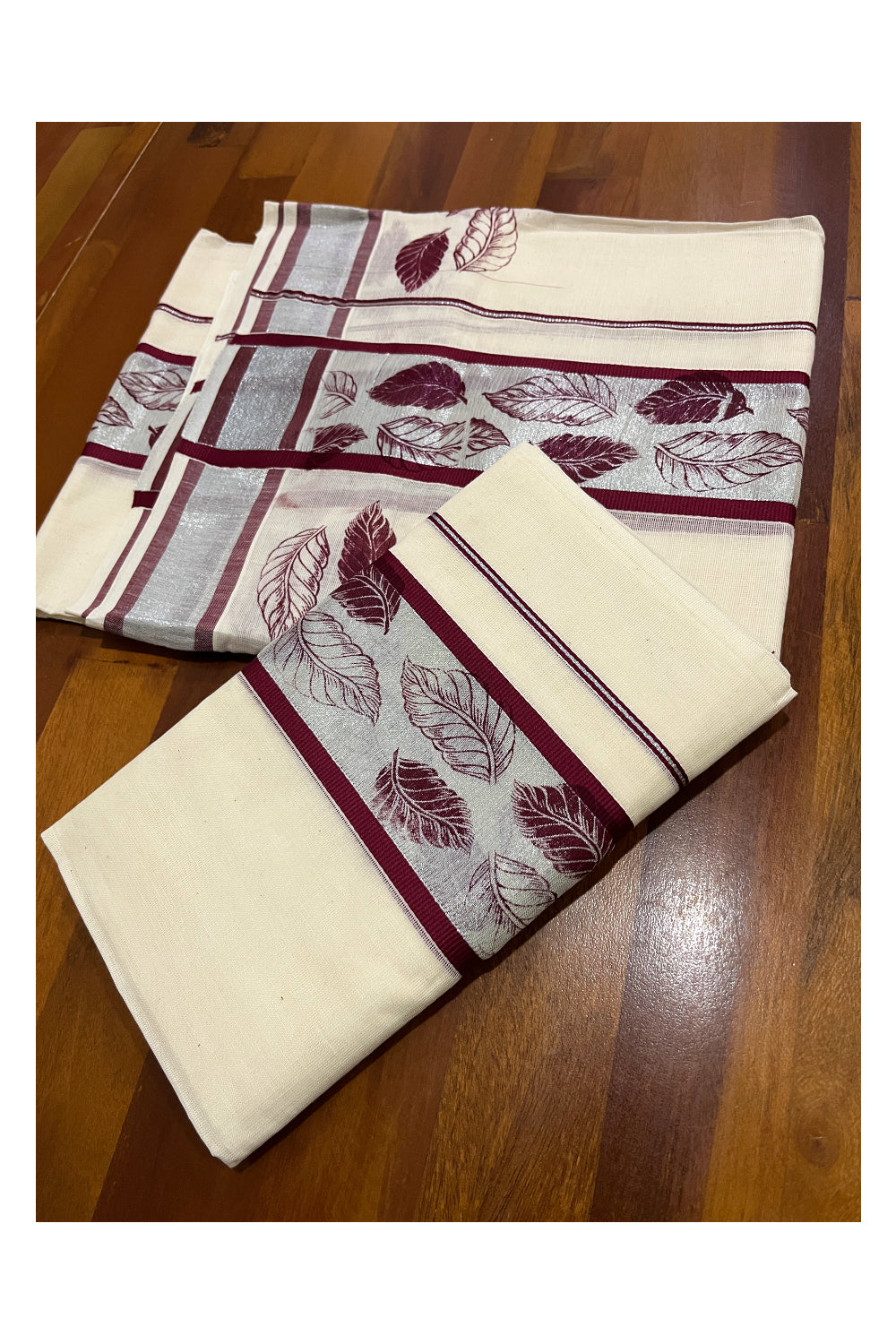 Pure Cotton SIlver Kasavu Single Set Mundu (Mundum Neriyathum ) with Maroon Block Prints