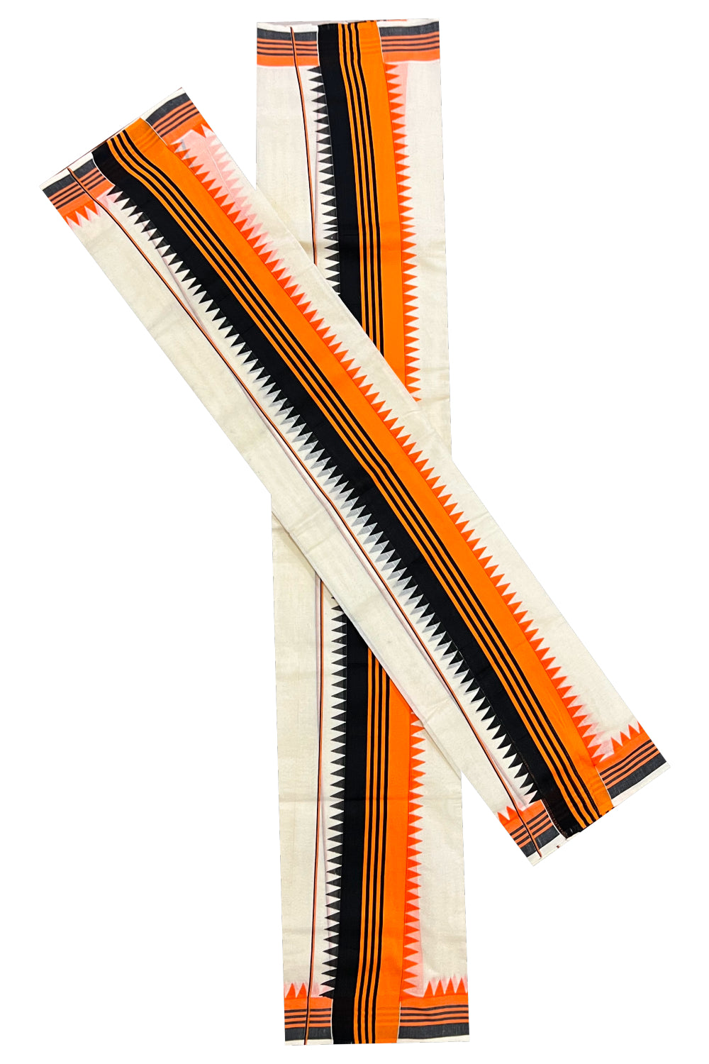 Pure Cotton Set Mundu (Mundum Neriyathum) with Orange and Black Temple Block Prints on Border