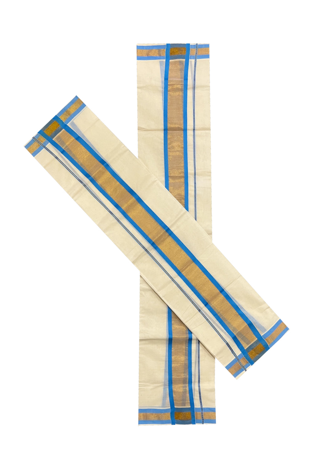 Kerala Cotton Set Mundu (Mundum Neriyathum) with Kasavu and Light Blue Border