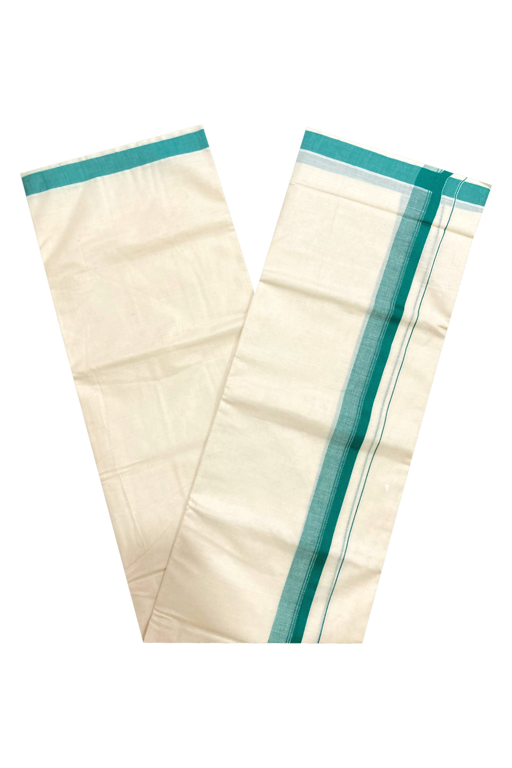 Off White Pure Cotton Double Mundu with Green Border (South Indian Dhoti)