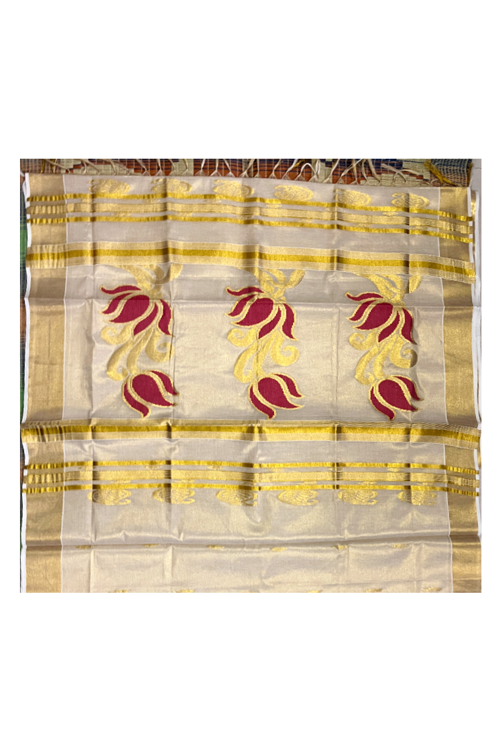 Kerala Tissue Kasavu Saree with Golden and Red Heavy Woven Works (Vishu Saree 2023)