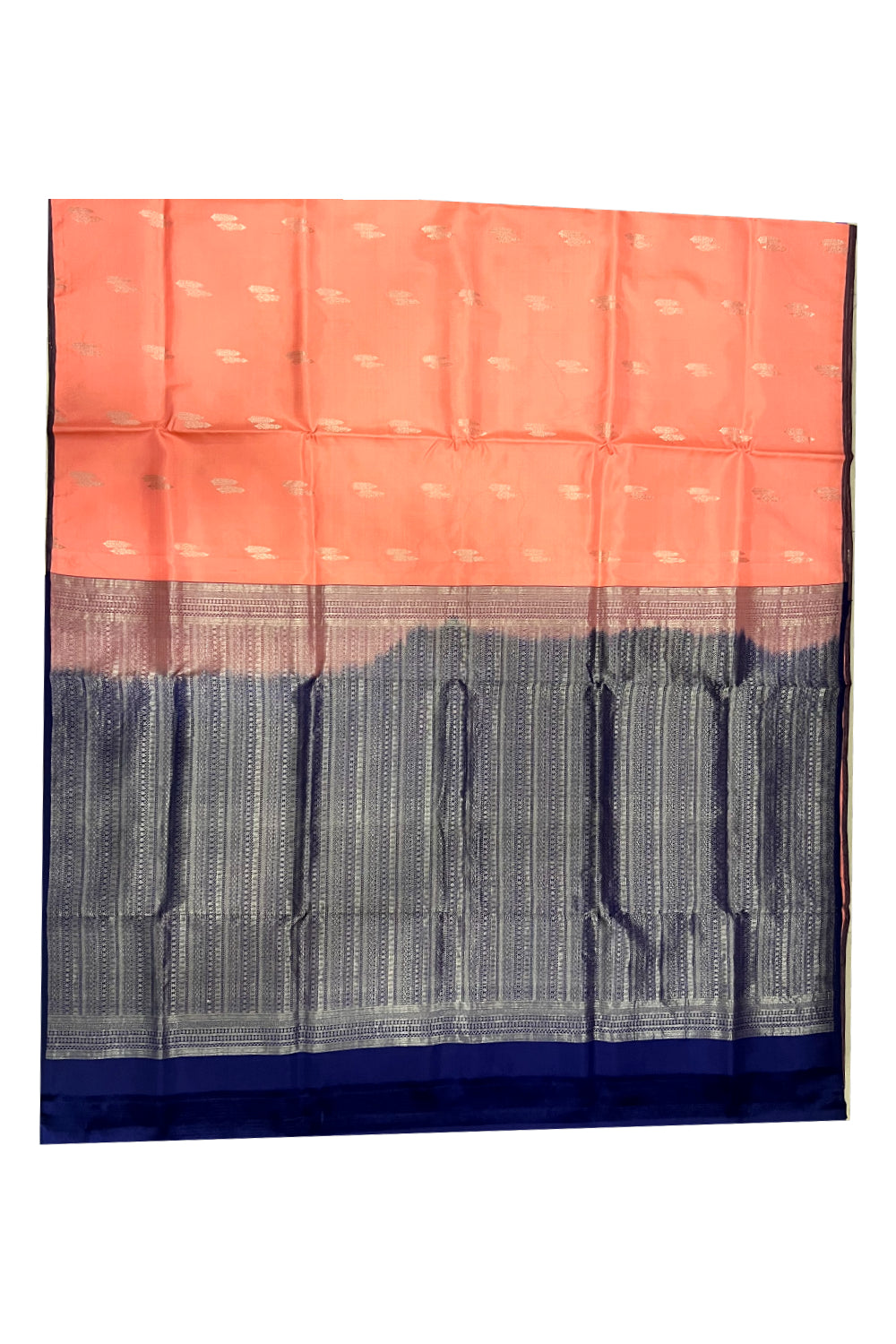 Southloom Handloom Pure Silk Kanchipuram Saree with Peach Body and Navy Blue Blouse Piece