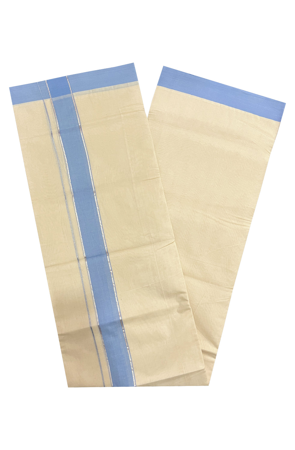 Pure Cotton Off White 100x100 Double Mundu with Silver Kasavu and Blue Border (South Indian Kerala Dhoti)