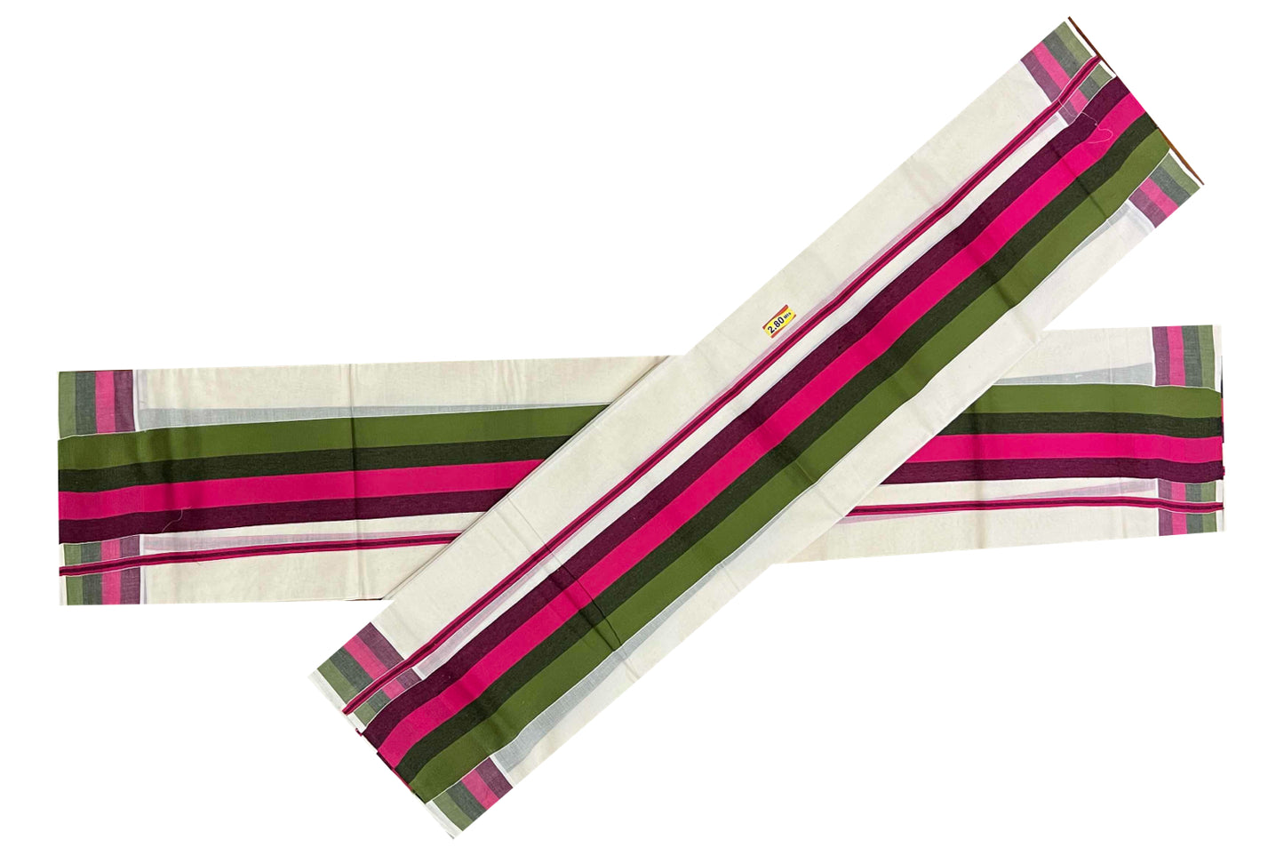 Kerala Cotton Mundum Neriyathum Single (Set Mundu) with Green and Dark Pink Lines Border 2.80 Mtrs