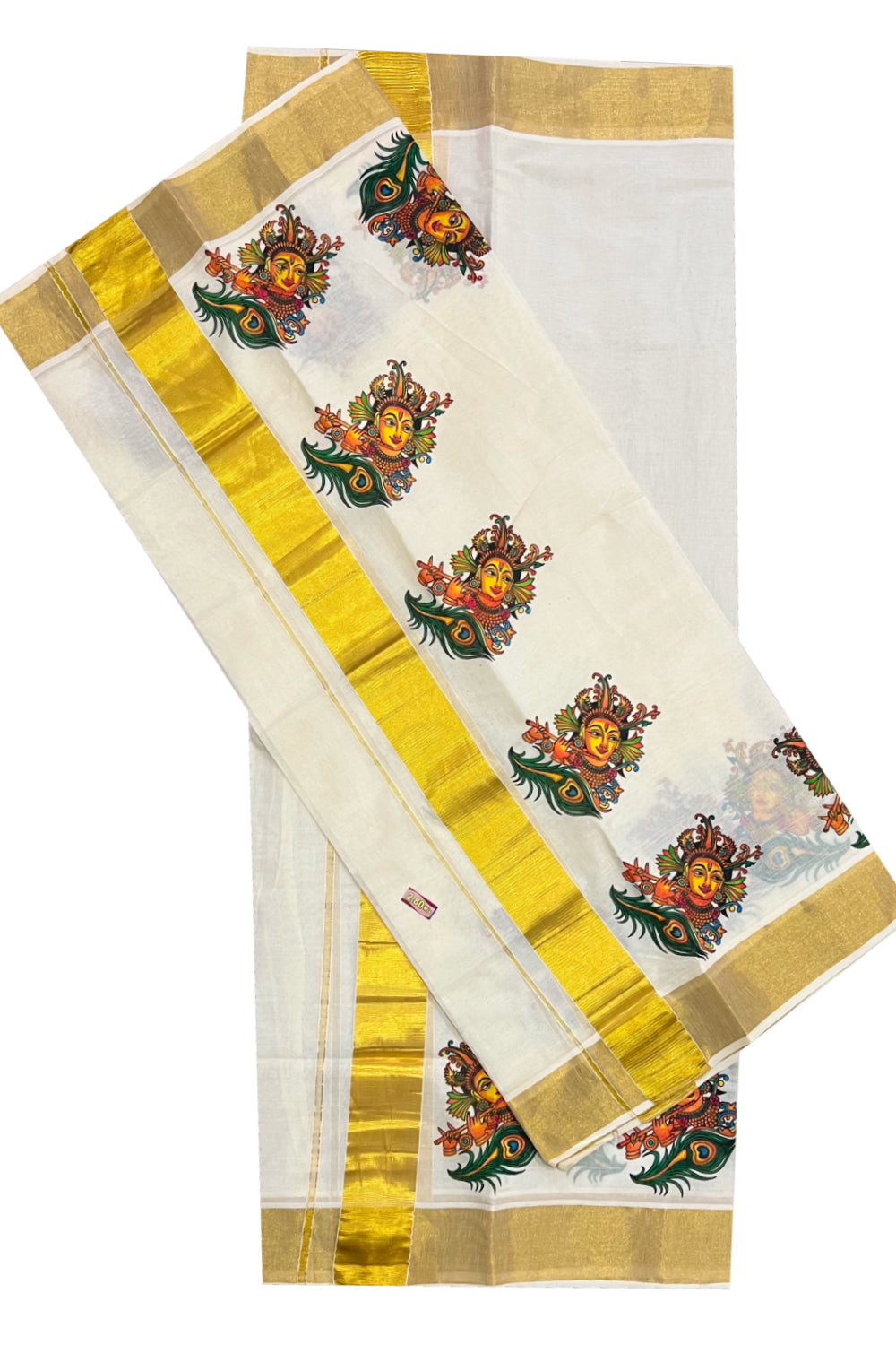 Pure Cotton Kasavu Set Mundu (Mundum Neriyathum) with Krishna Face Mural Prints on Border 2.80 Mtrs