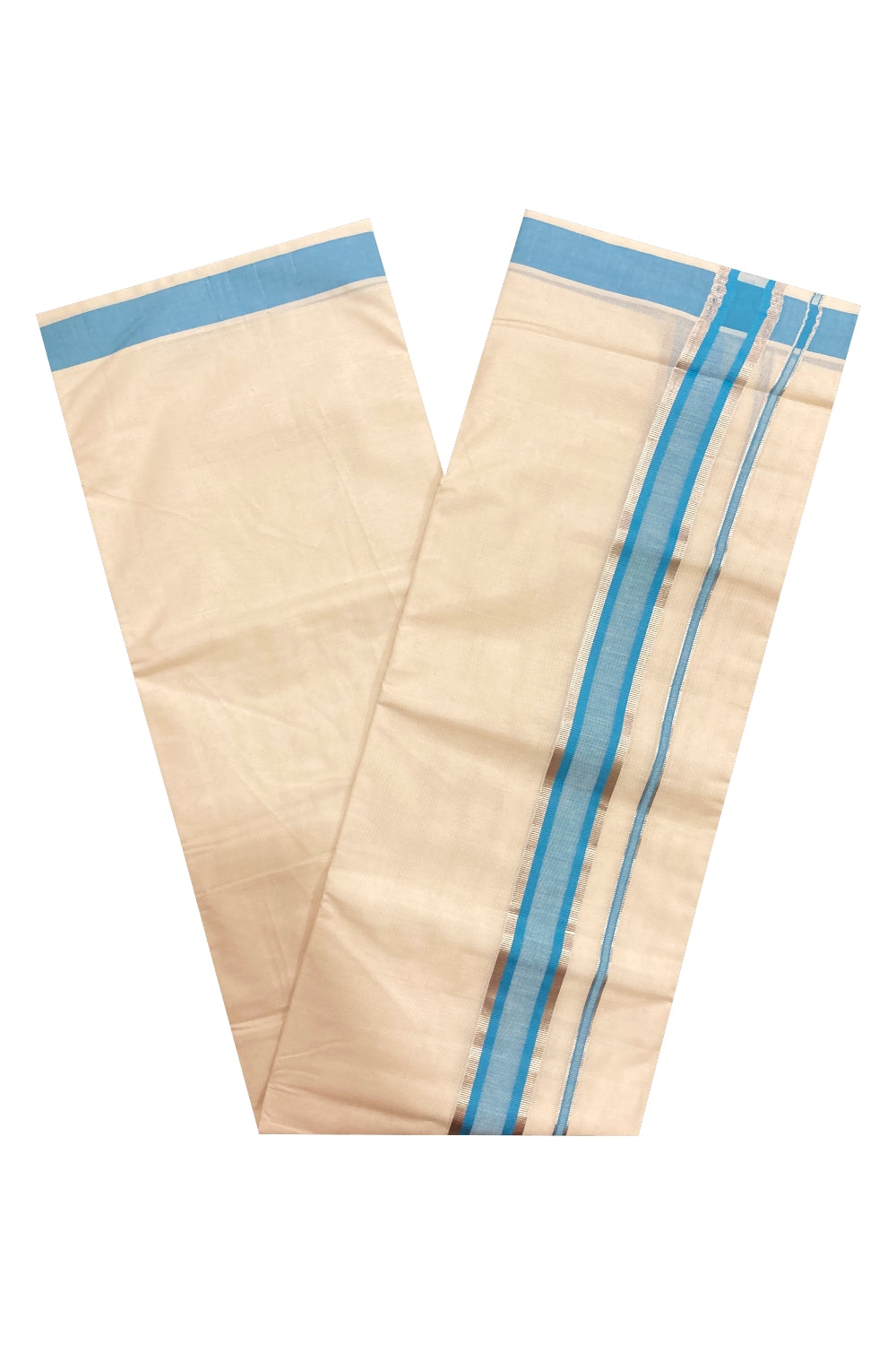 Pure Cotton Double Mundu with Blue and Silver Kasavu Border (South Indian Dhoti)