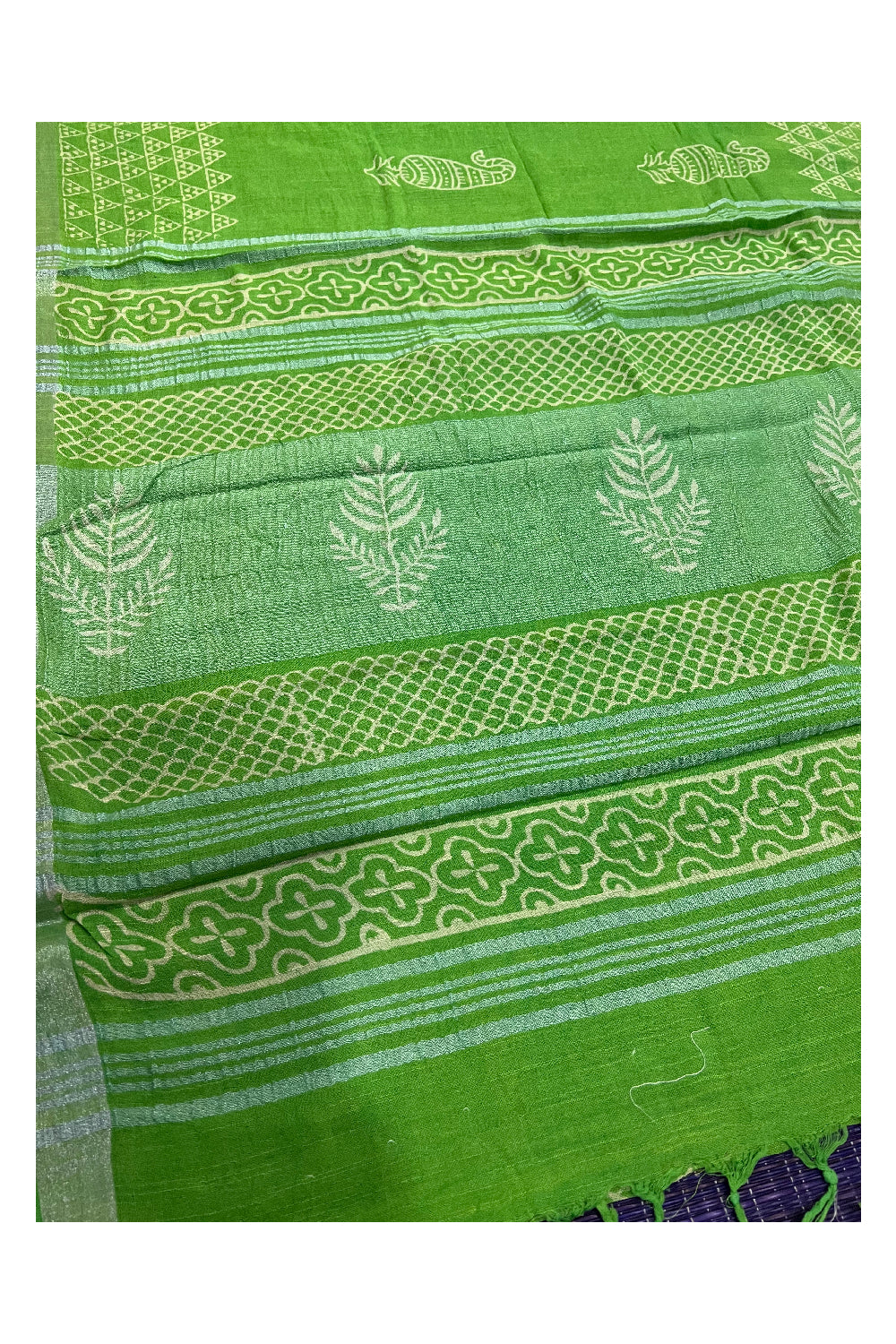 Southloom Linen Light Green Designer Saree with White Prints and Tassels on Pallu