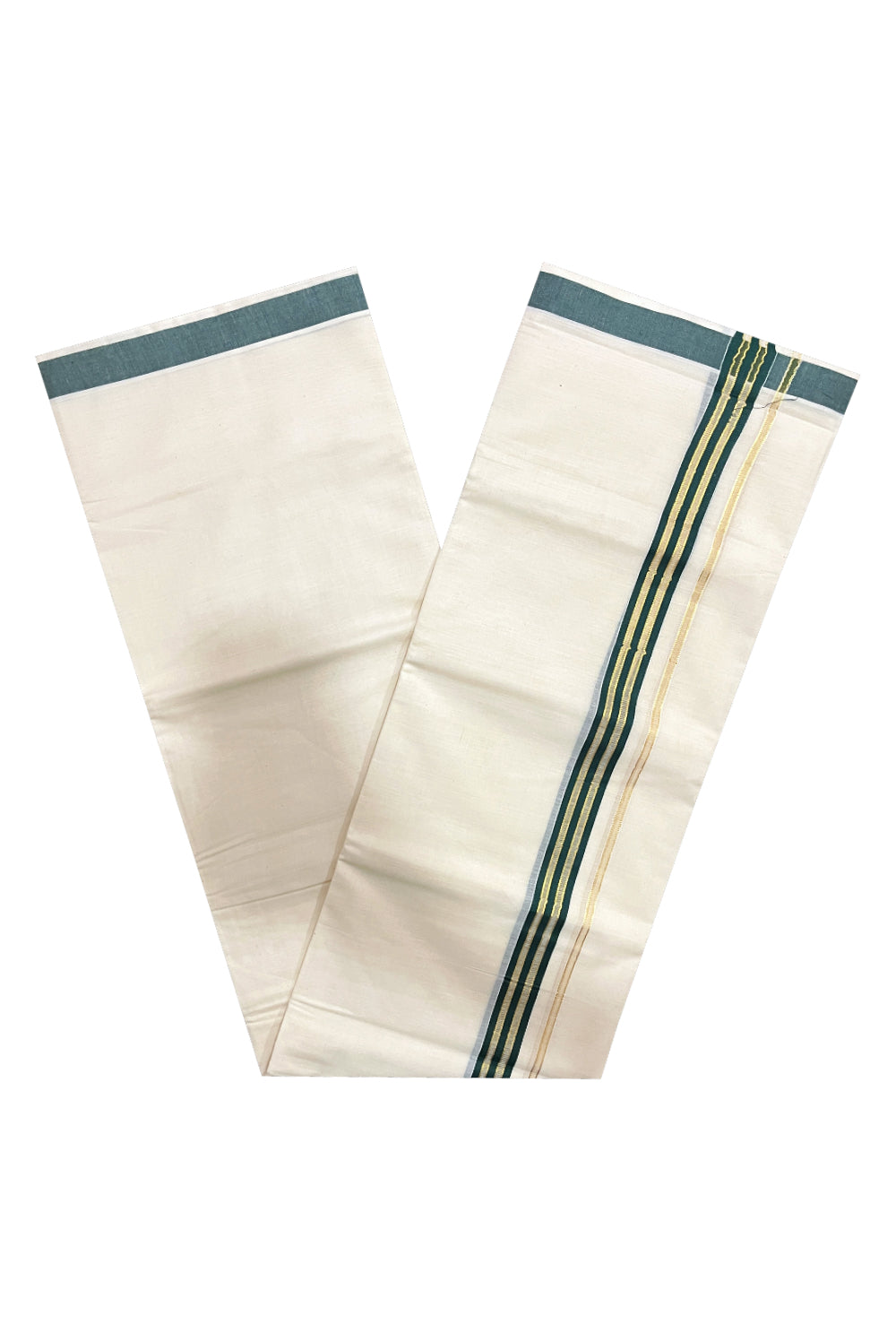 Pure Cotton Off White Double Mundu with Green and Kasavu Kara (South Indian Kerala Dhoti)