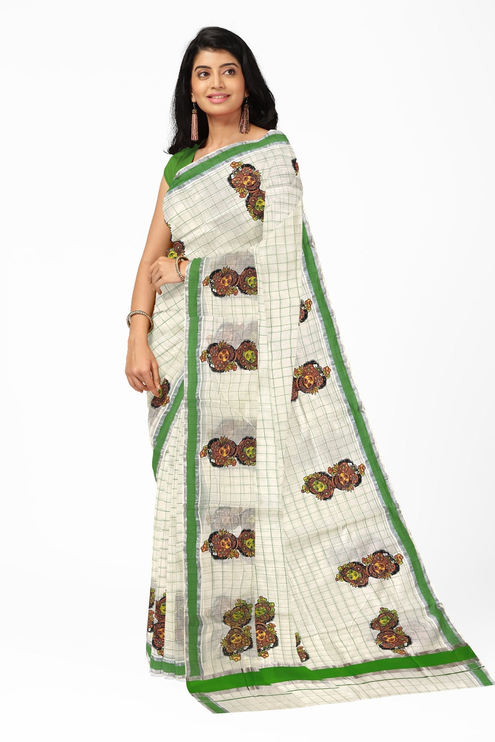 Pure Cotton Green Check Design Kerala Saree with Krishna Radha Mural Prints and Silver Border