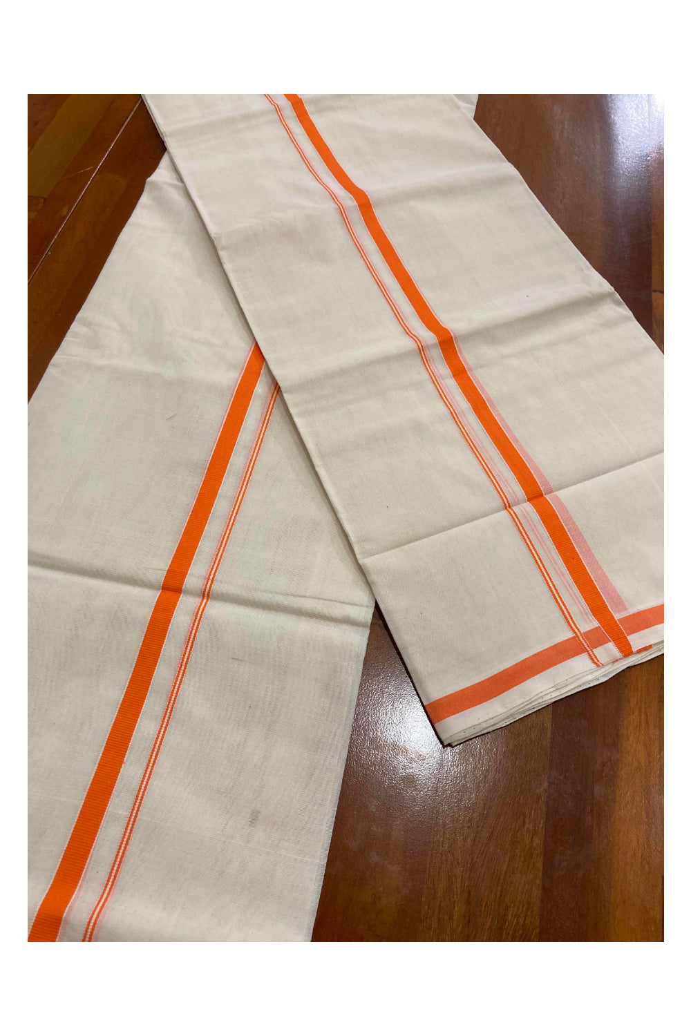 Southloom™ Premium Handloom Mundum Neriyathum (Set Mundu) with 0.5 inch Orange Border (Weaver: Jaya)