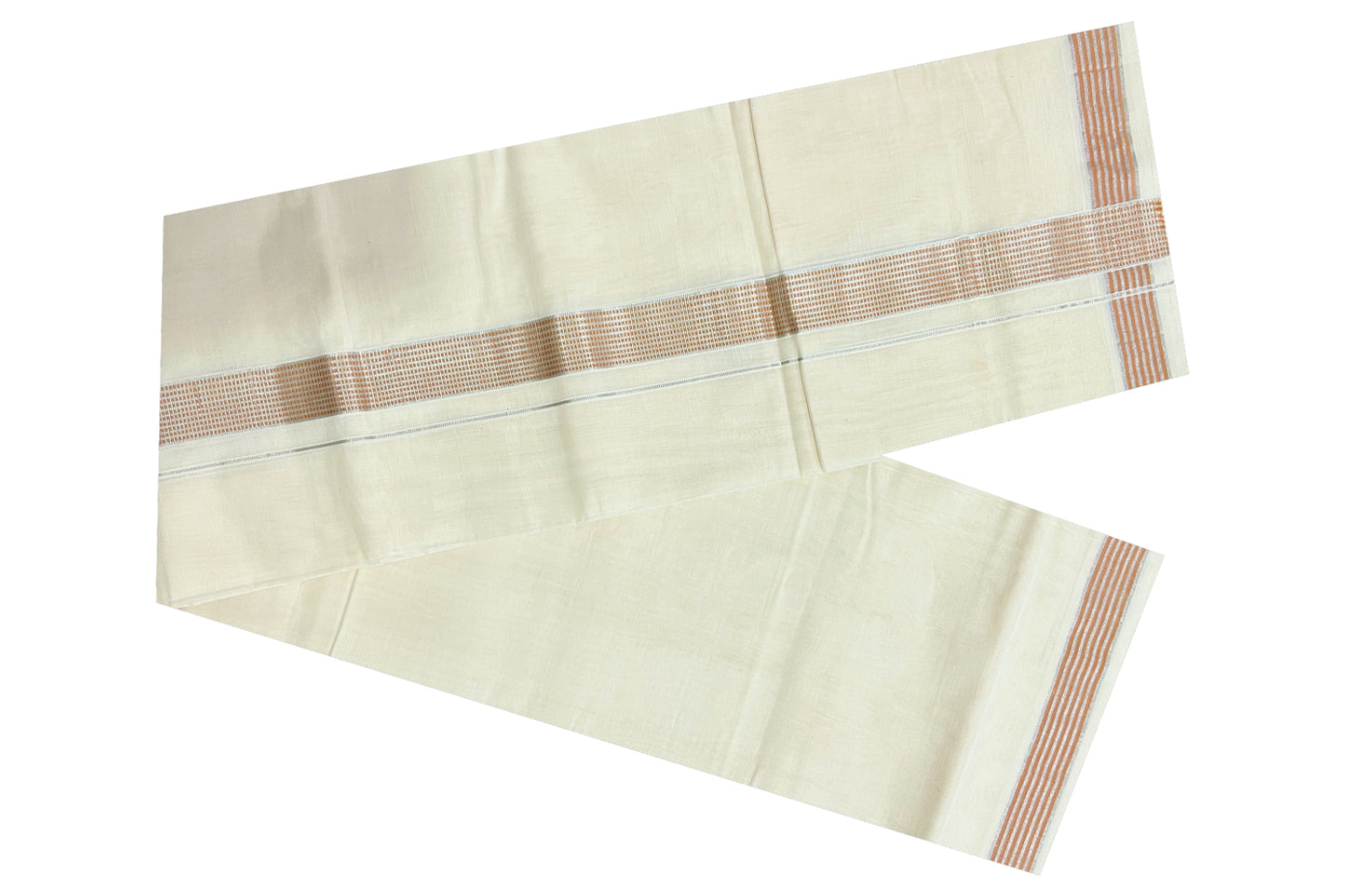 Southloom Kuthampully Handloom Pure Cotton Mundu with Silver Kasavu and Orange Border (South Indian Dhoti)