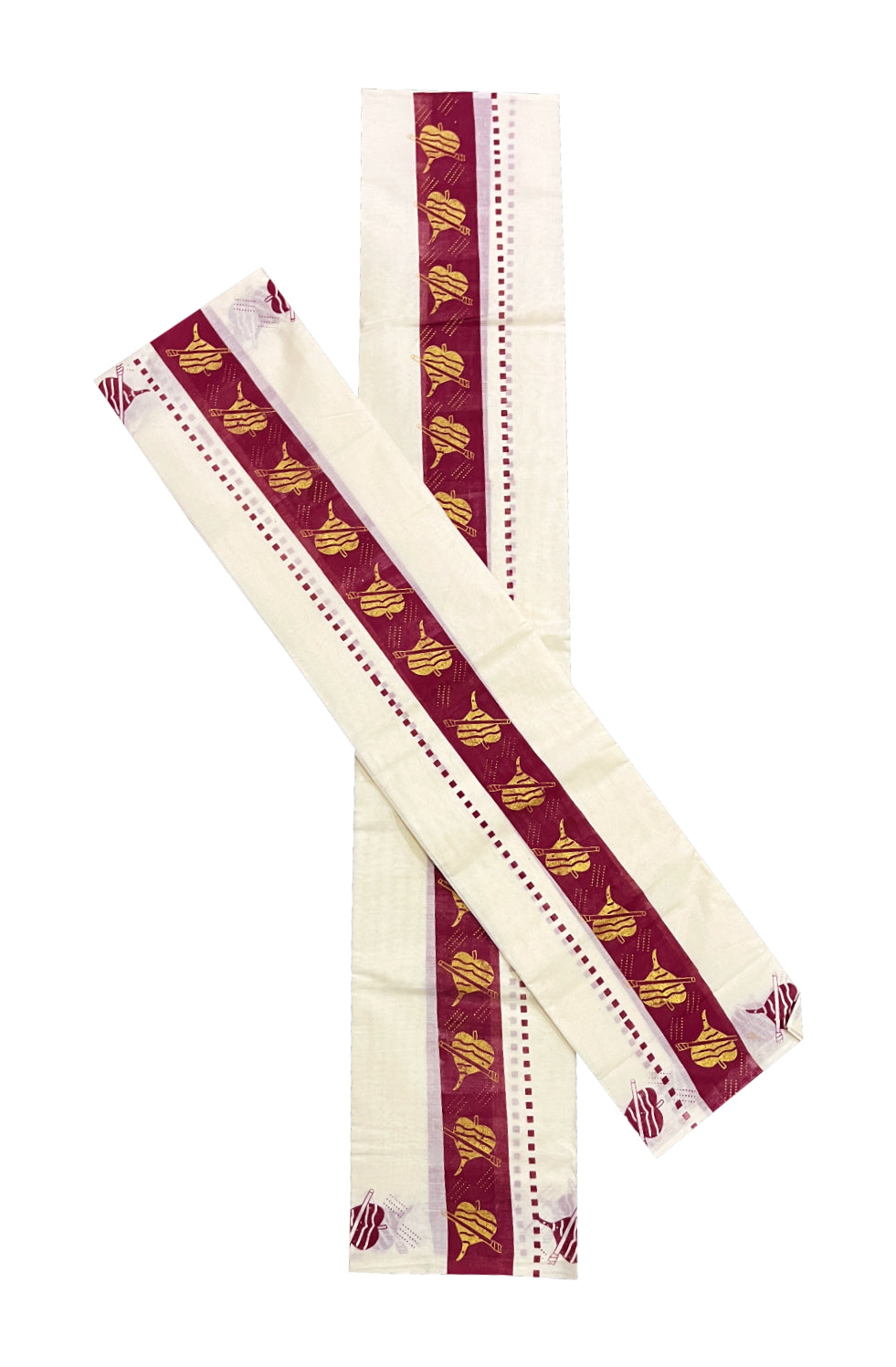 Kerala Cotton Set Mundu (Mundum Neriyathum) with Golden Leaf and Flute Block Prints on Maroon Border 2.80 Mtrs