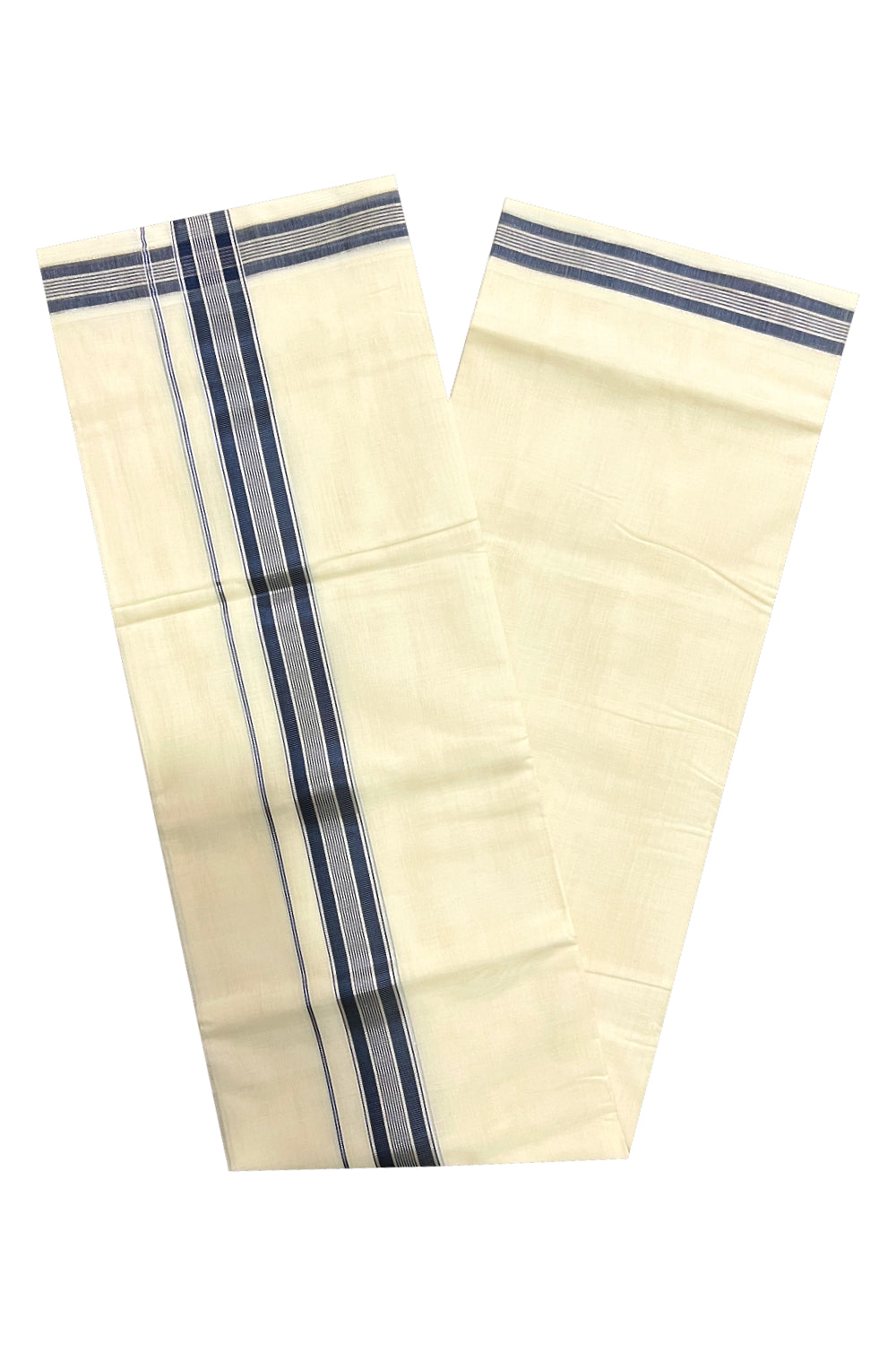 Southloom Premium Handloom Pure Cotton Mundu with Silver and Navy Blue Kasavu Designer Border (South Indian Dhoti)