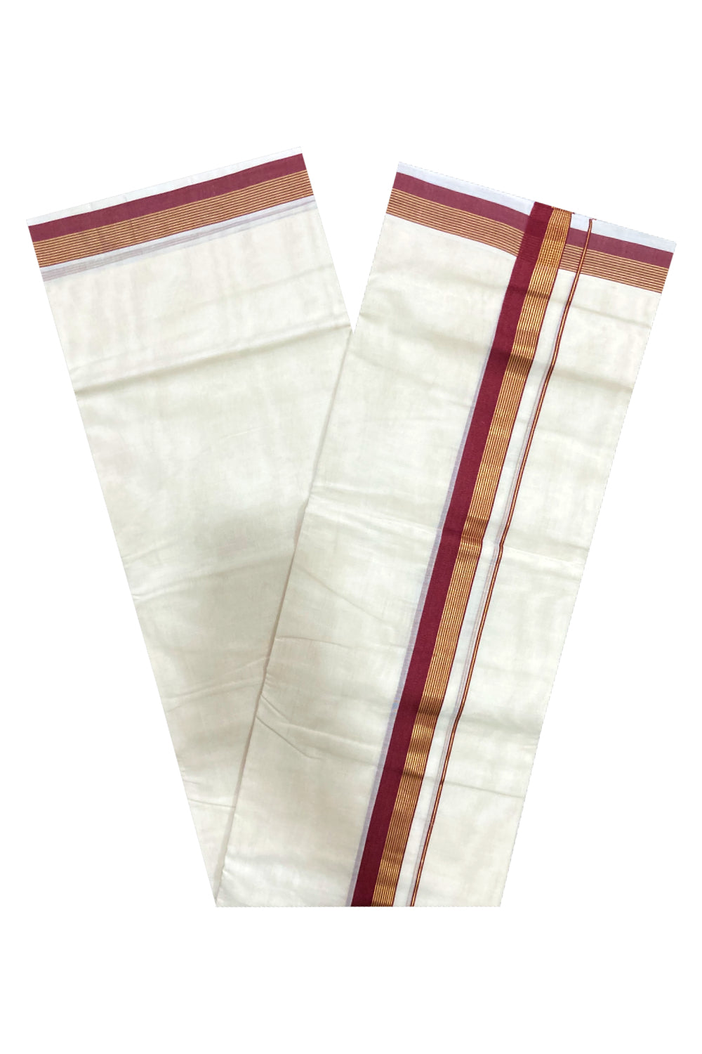 Southloom Premium Handloom Pure Cotton Mundu with Dark Red and Kasavu Border (South Indian Dhoti)