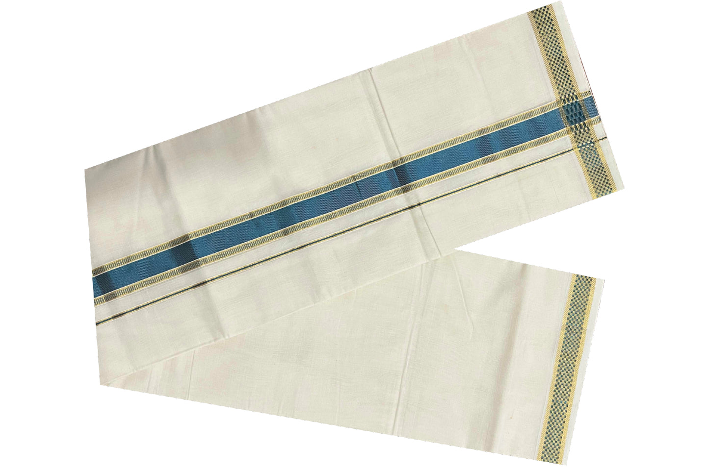 Southloom Kuthampully Handloom Pure Cotton Mundu with Golden and Teal Green Kasavu Border (South Indian Dhoti)