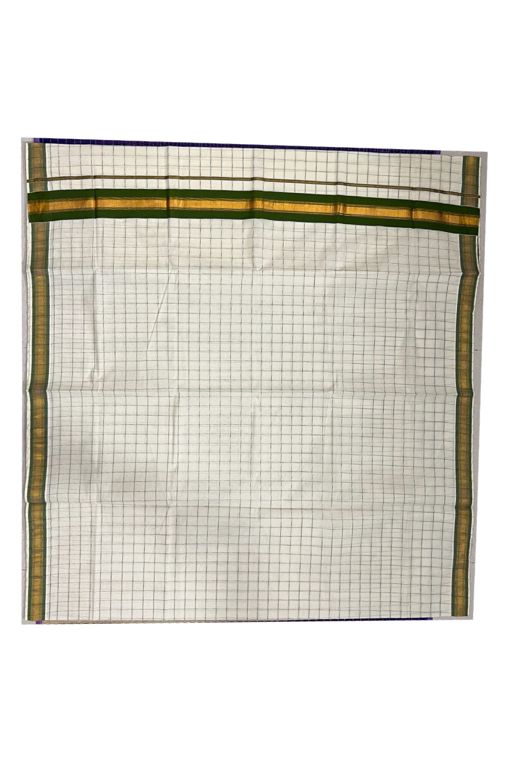 Pure Cotton Kerala Green Checkered Saree with Kasavu and Green Border