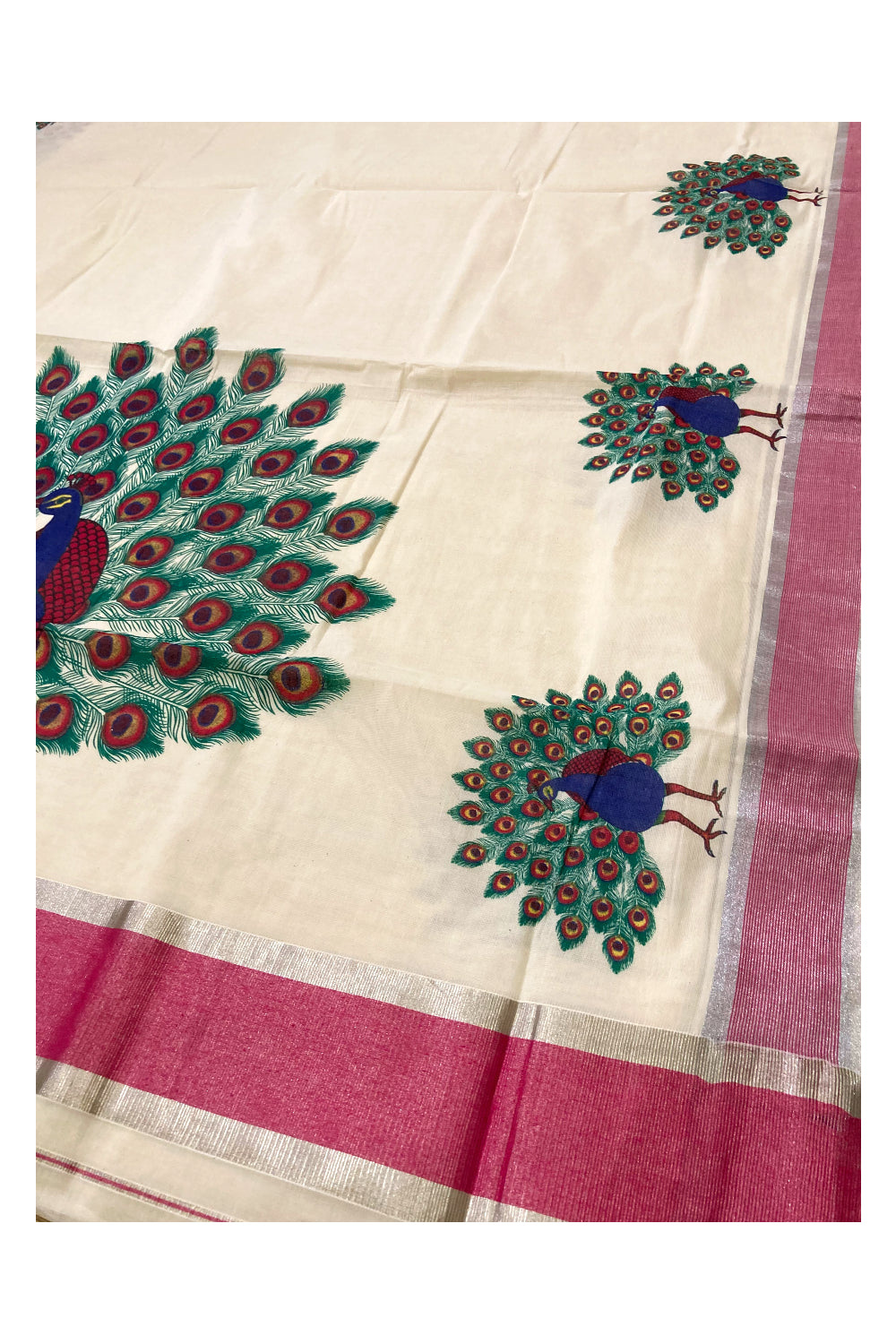 Pure Cotton Kerala Saree with Peacock Mural Prints and Silver Pink Border