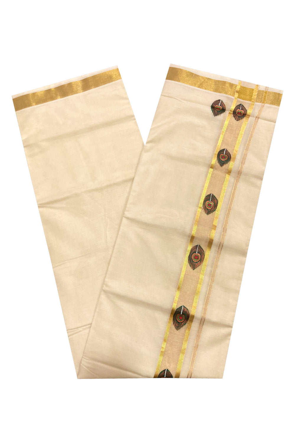 Off White Pure Cotton Double Mundu with Mural Prints on Kasavu Kara (South Indian Dhoti)