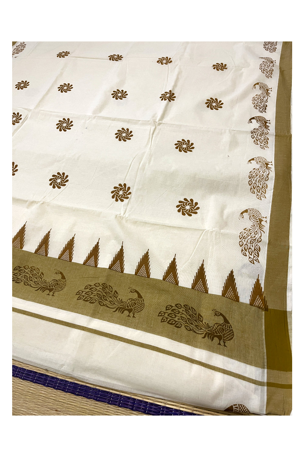 Pure Cotton Kerala Saree with Olive Green Peacock Temple Block Printed Border (Onam Saree 2023)