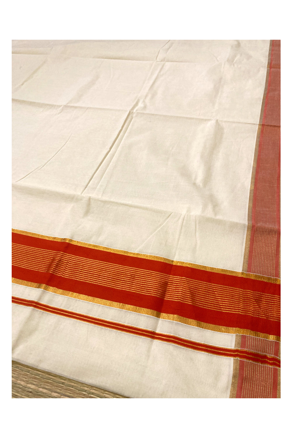 Kerala Pure Cotton Plain Saree with Kasavu and Orange Border